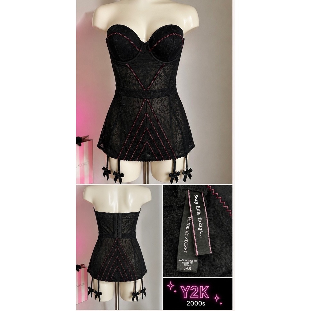 Victoria's Secret Sexy Little Things Y2K 2008 Black Pink Corset Garter 34B.